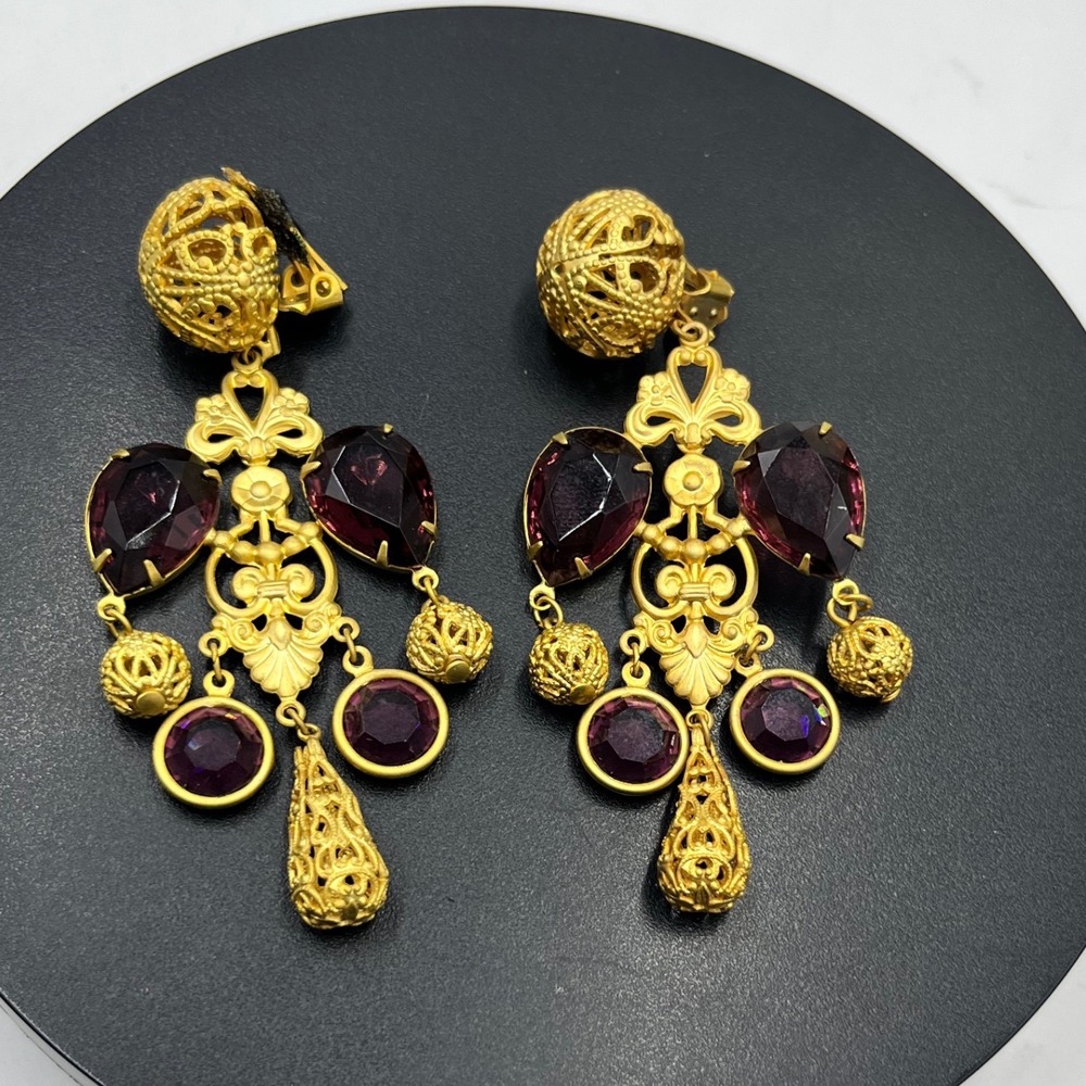 Vintage Deadstock Purple Rhinestone chandelier Dangle Costume Earrings